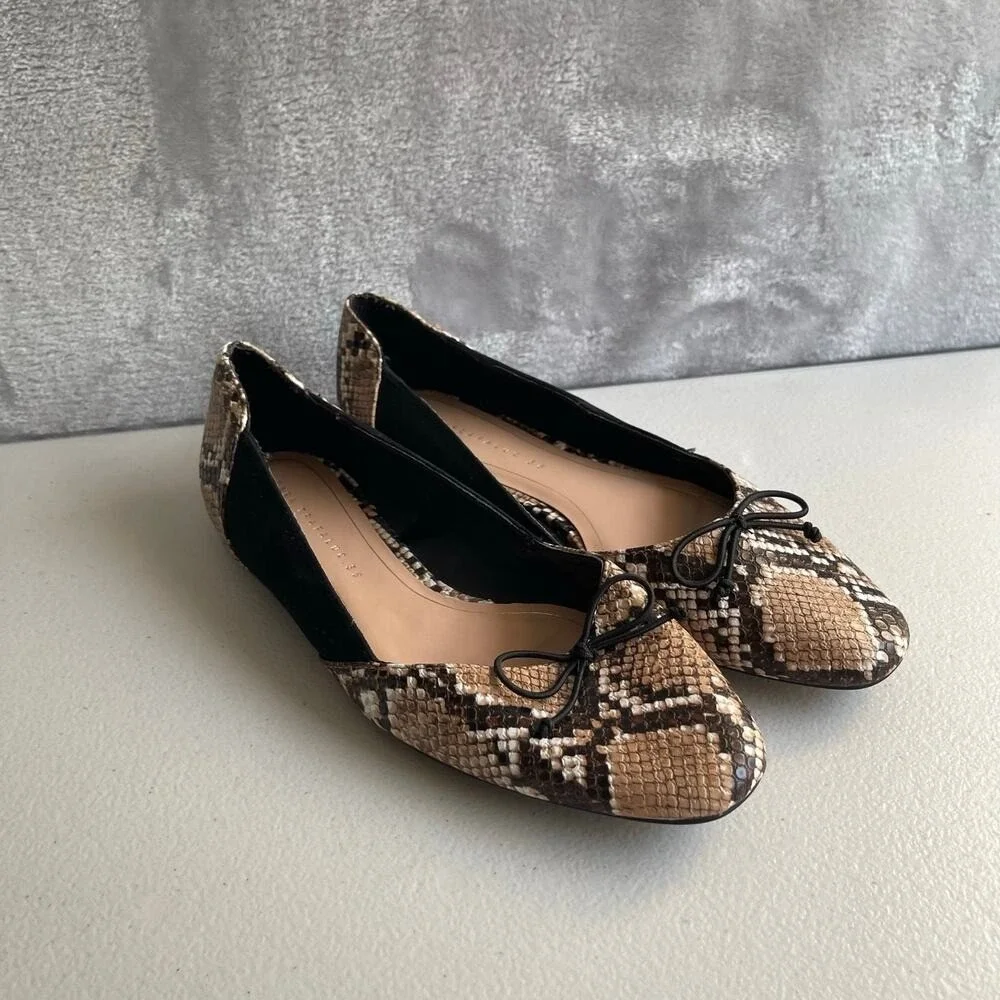 Zara Trafaluc Flats Womens 36 Snake Python Print Black‎ Suede Leather Trim Bow